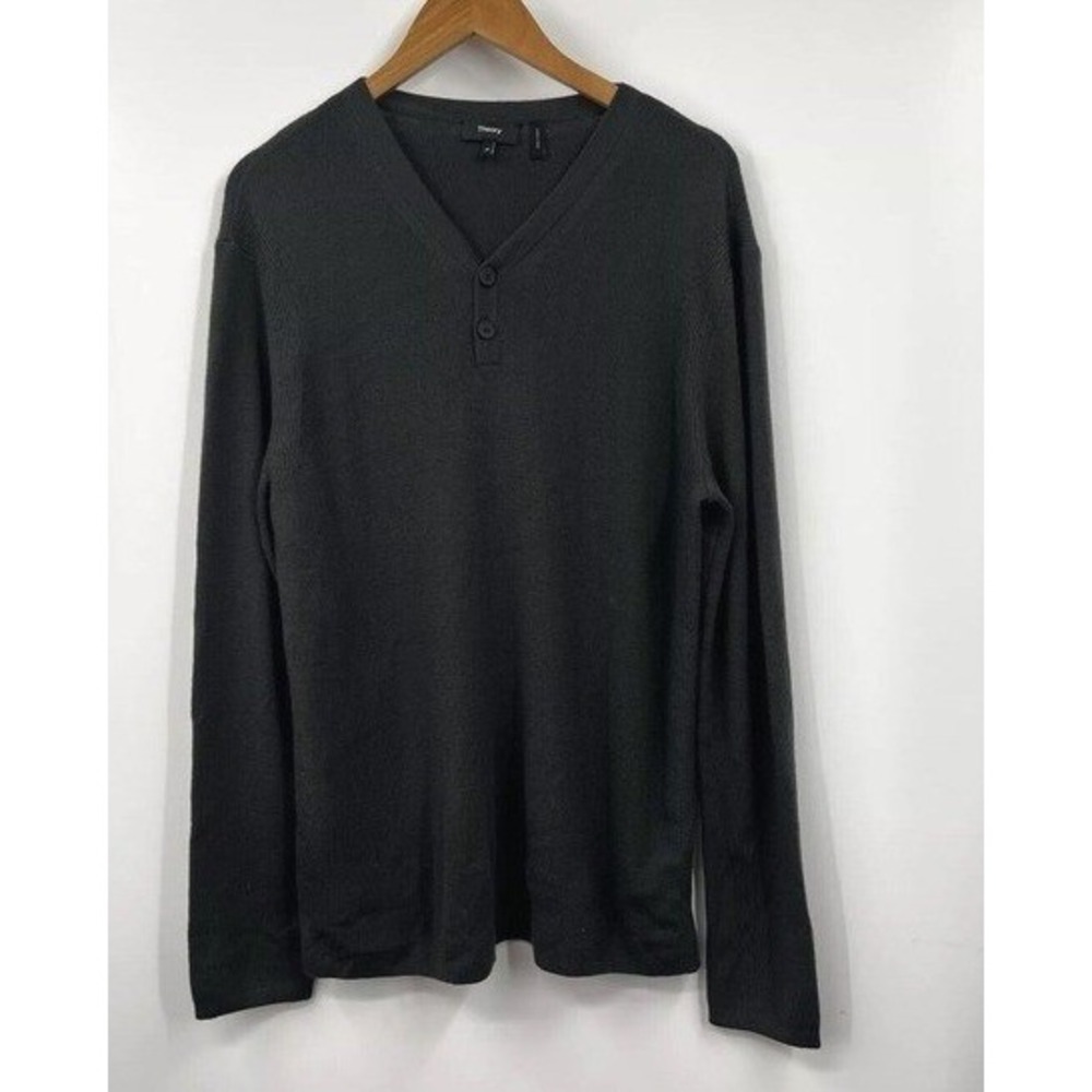 Theory Mens Vallier‎ O Cashwool 100% Merino Wool Henley V-Neck Sweater Grey XL